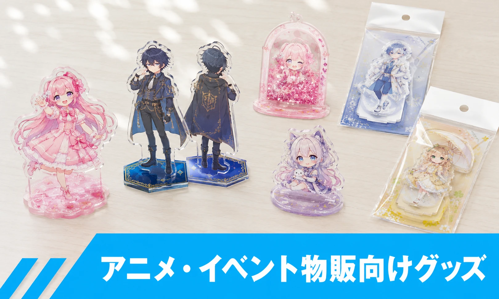アニメ・イベント物販向けのアクリルスタンドOEM例。両面印刷、流砂加工、OPP袋と台紙セットに対応した商品イメージ。
