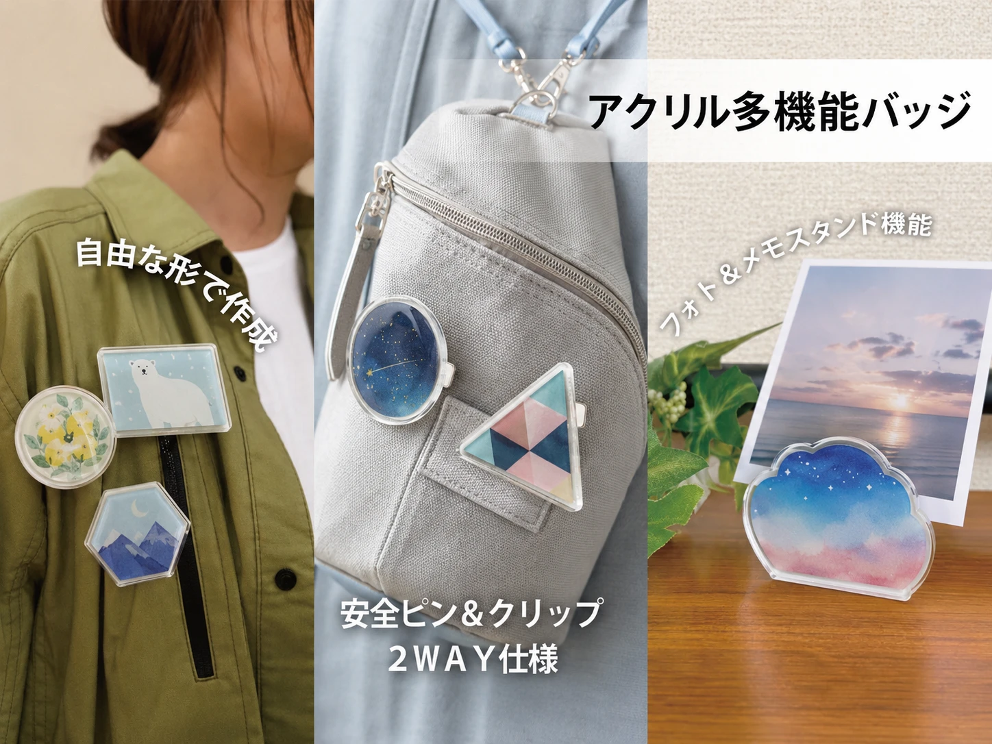 アクリル多機能バッジのOEM製作例。安全ピンとクリップの2WAY仕様、自由な形状カット、フォト・メモスタンド機能に対応した商品イメージ。
