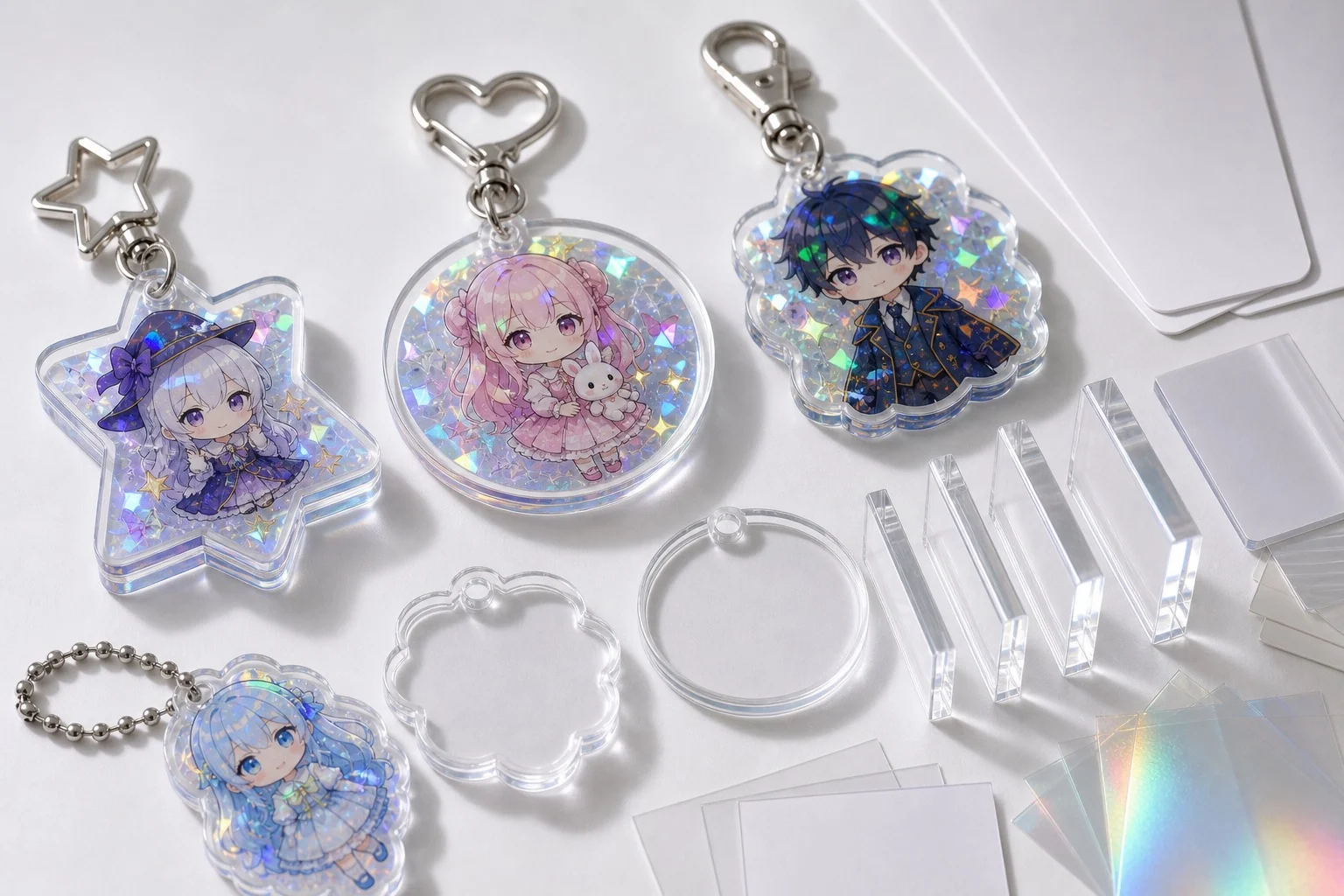 ホログラムアクリルキーホルダーの金具・形状仕様サンプル。ナスカン、ボールチェーン、厚みを確認する画像。