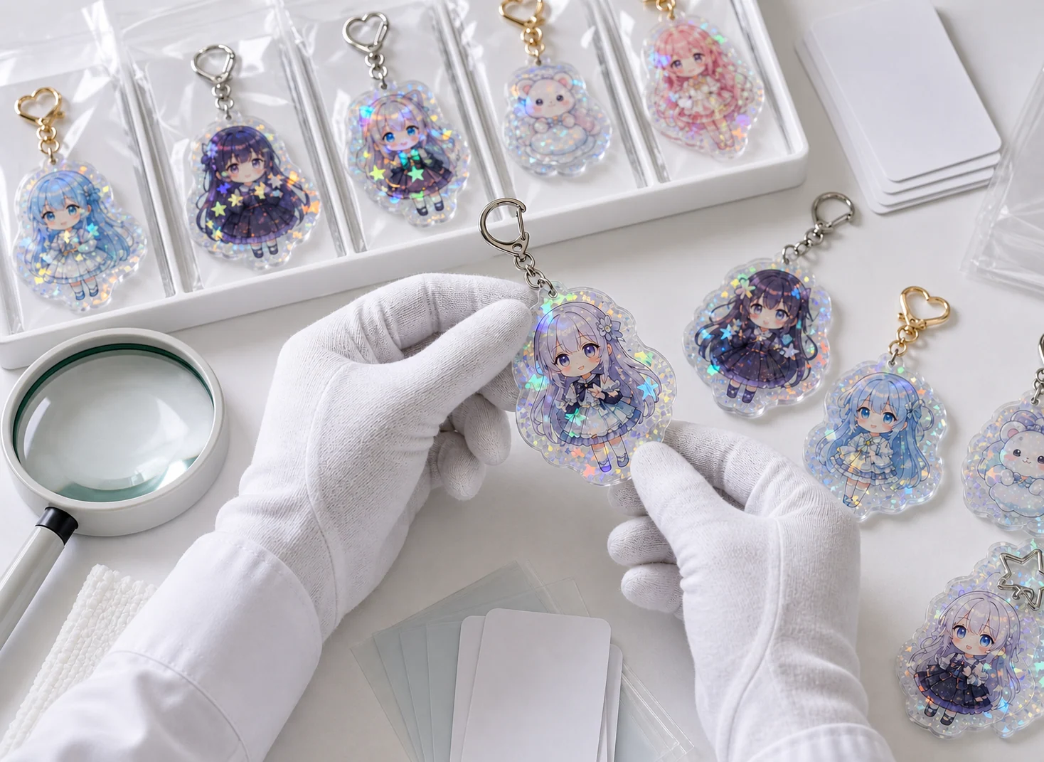 ホログラムアクリルキーホルダーOEMの量産前検品サンプル。反射表現、印刷位置、金具仕様を確認するための参考画像。