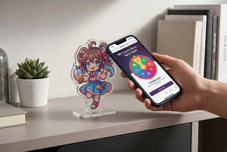 日本向けNFC内蔵アクリルグッズOEMに対応するNFC内蔵アクリルグッズの製作イメージ。アクリルグッズOEMの仕様確認・量産相談向け。